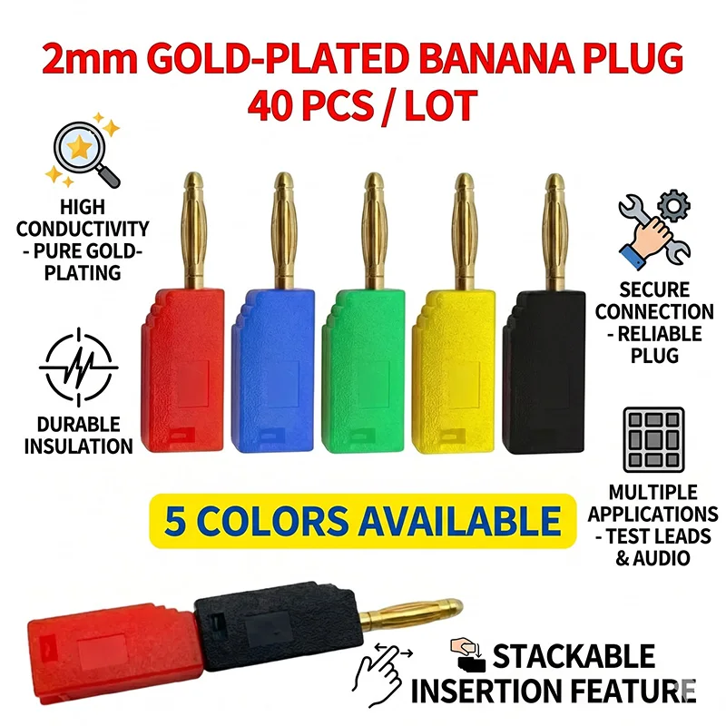 40PCS 2mm Gold-Plated Banana Plug Connector 5 Colors Stackable Socket Test Lead Adapter High Conductivity for Audio Multimeter