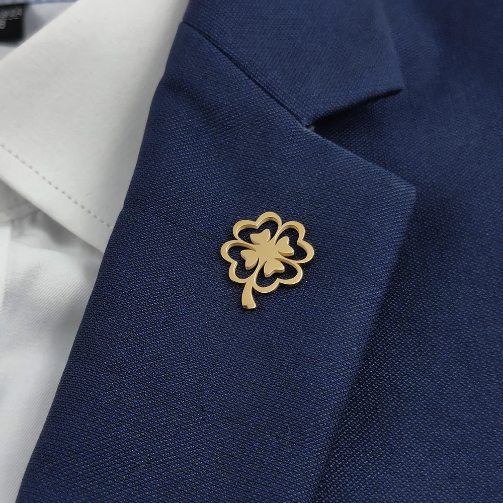 New four-leaf clover men's lapel pin, 316L stainless steel gold-plated badge, black brooch for suit accessories, gift for father - Image 6
