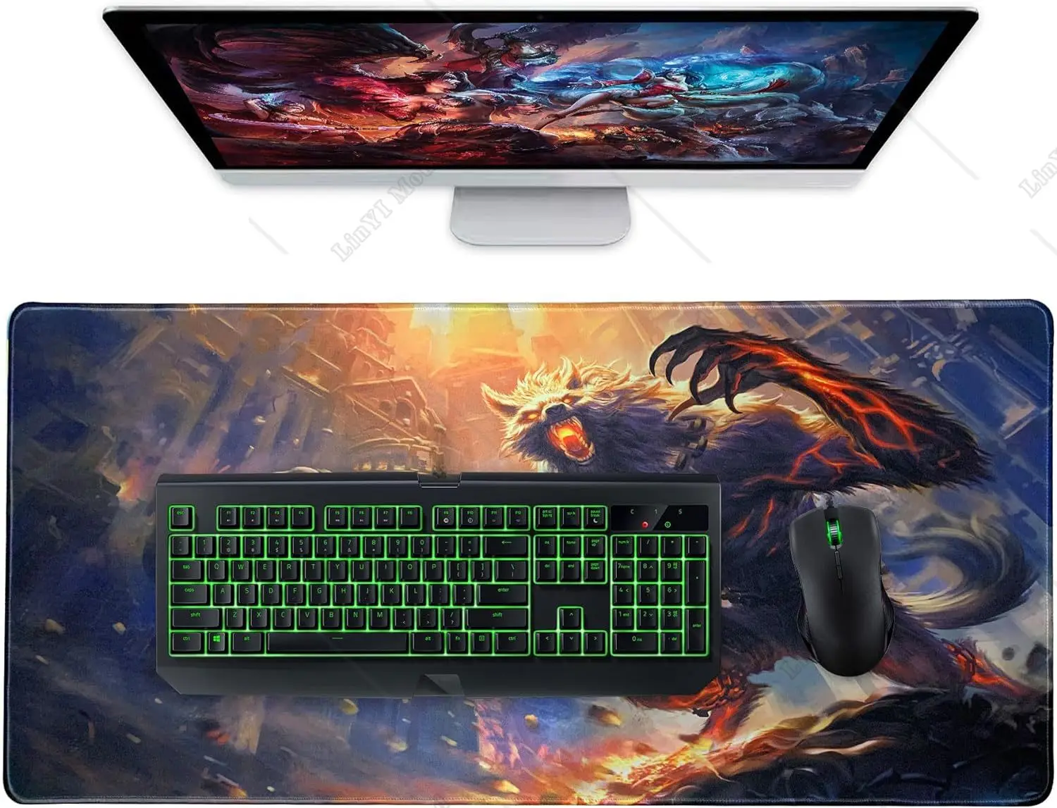 Mythology Wolf Large Gaming Mouse Pad XXL with Non-Slip Rubber Base Stitched Edges for Home Office Work 35.4