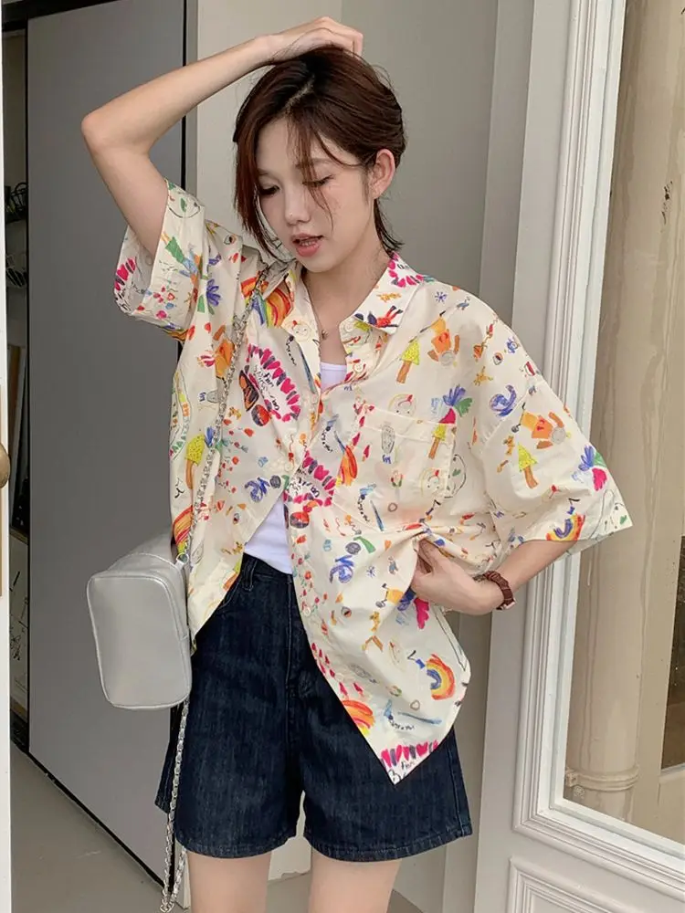 Japanese Personality Cartoon Graphic Shirts Couples Harajuku Kawaii Blouse Loose Oversized Summer Tops Students Casual Camisas