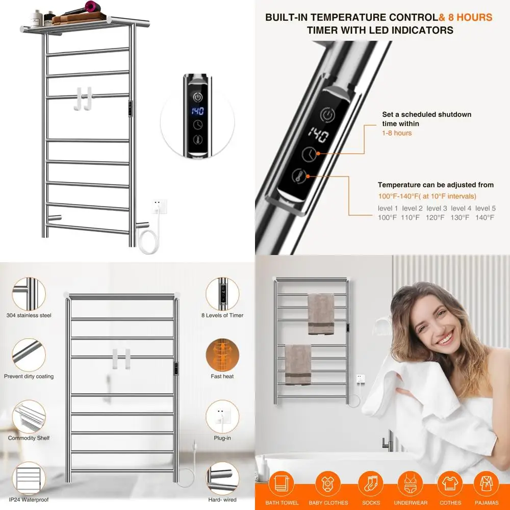 

Электрическая вешалка для полотенец из нержавеющей стали с полкой, крючками, регулируемым таймером и температурой