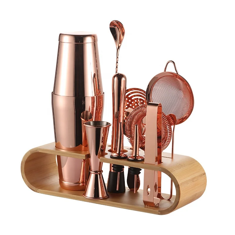 Cocktail Shakers Stainless Steel Bartender Kit Rose Gold Boston  10-Piece Cocktail Mixer Bar Tools Set with Stand