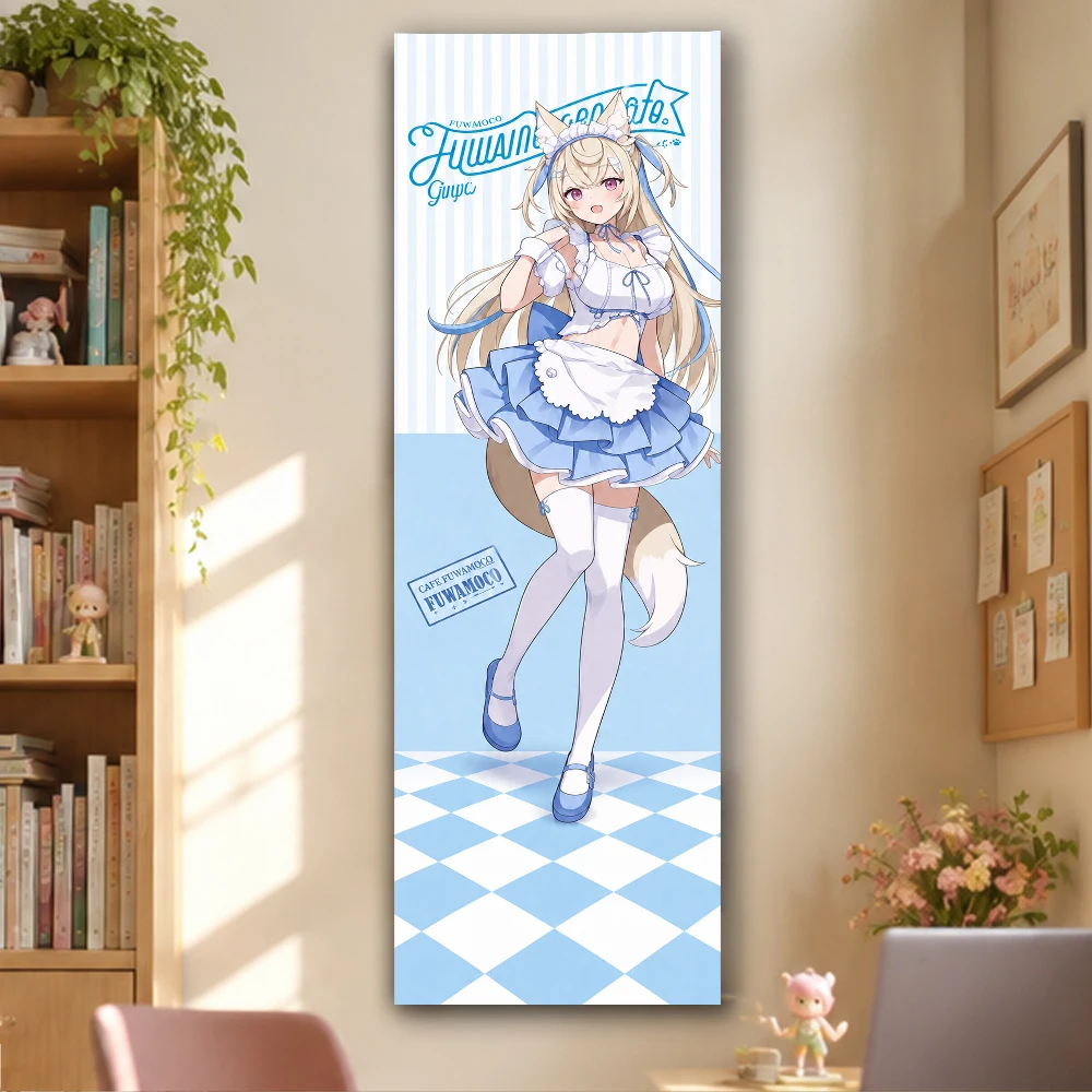 Long Blonde Fox Kemonomimi Girl Blue Frilly Maid Dress Blue White Checkerboard Floor Vertical Tall Anime Tapestry Pastel Girls