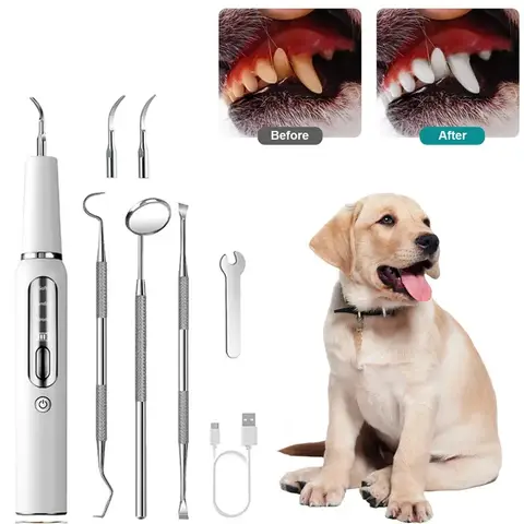 Dog Teeth Cleaning Kit Pet Ultrasonic Canine Plaque Remover for Teeth with LED Light 3 Modes USB Charge Dog Sonic Tooth Cleaner