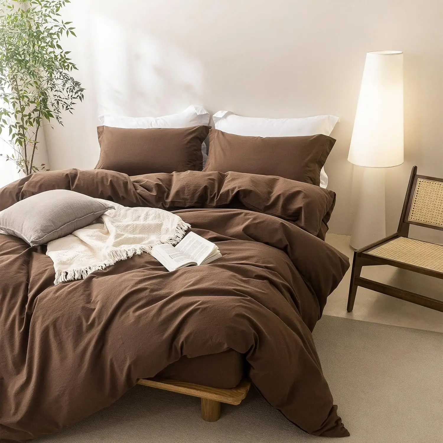 

Linen Feel Cocoa Brown Duvet Cover Queen Size, 100% Washed Cotton Duvet Cover with Zipper Closure Plus 2 Pillowcases,Hot Sale