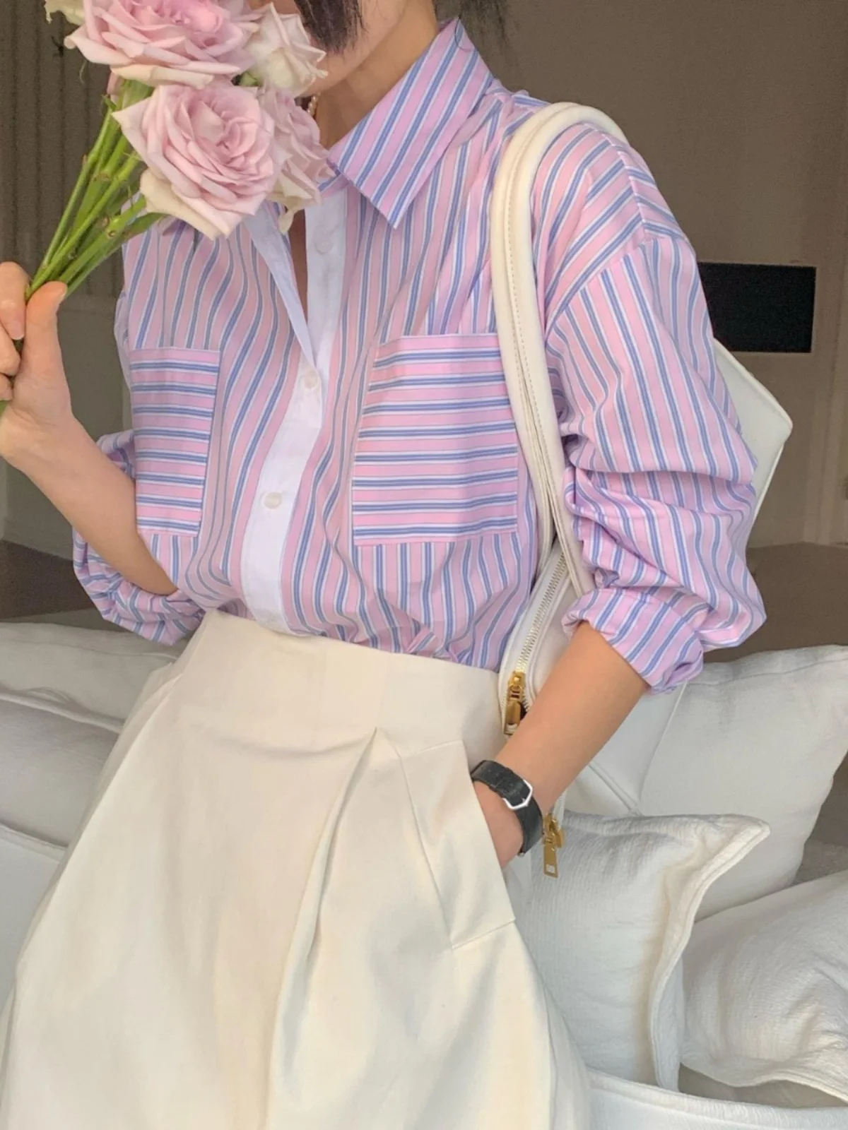 Chic Korean Style Striped Color Block Shirt Elegant Vintage Spring 2024 Long Sleeve Collar Straight Cut Women's Shirt