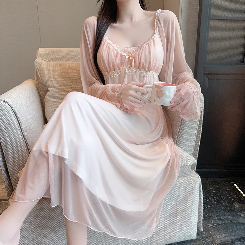 Women Long Sleeve Sleepwear Modal Nightdress Princess Homewear Loungewear Sexy Lace Mesh Nightwear Palace Style Nightgown