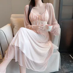 Modal Nightdress Princess Homewear Palace Style Nightgown Women Long Sleeve Sleepwear Loungewear Sexy Lace Mesh Nightwear