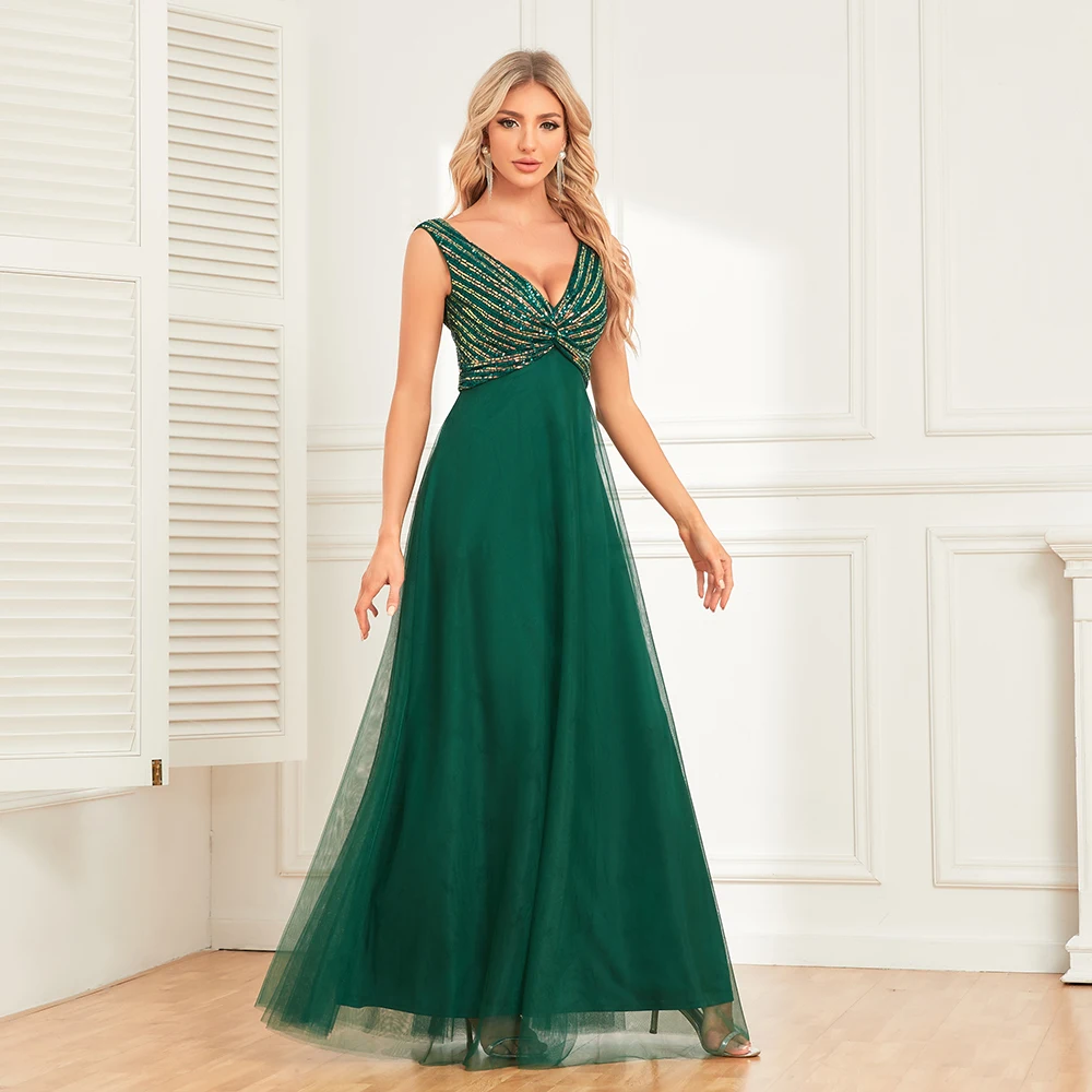 Women  Autumn Winter V-Neck Dark Green Sleeveless Evening Dresses Sequin Tulle A-Line Long Party Gown Elegant Formal Dress