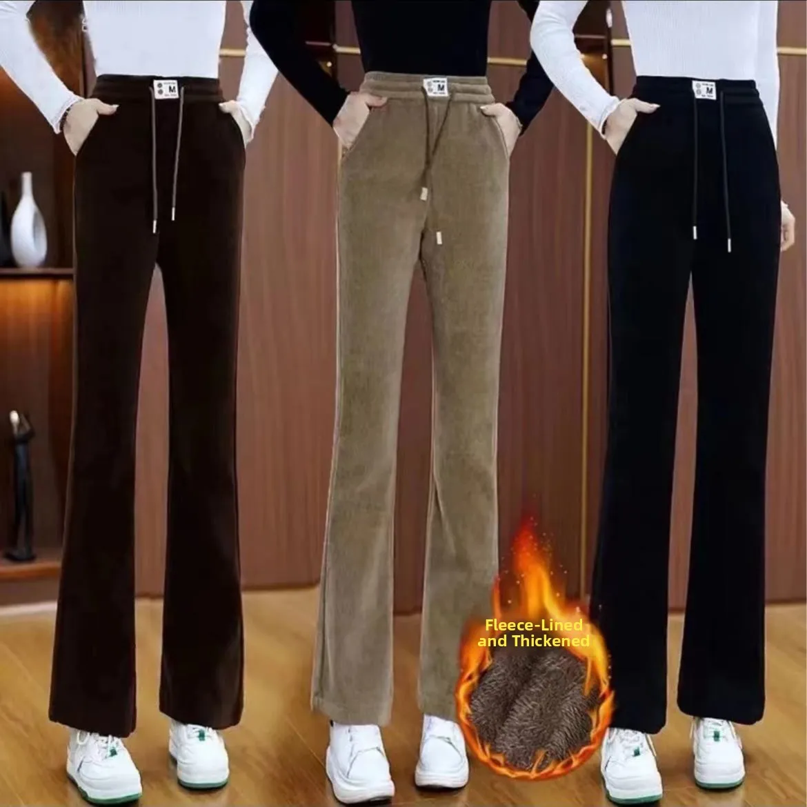 Women's Fleece Lined Thickened Micro Flared Pants High Waist Drapey Warm Casual Arctic Fleece Trousers Autumn Winter New Arrival