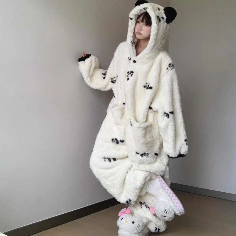 Funny Cute White Panda Pajamas One-piece Cral Fleece Thick and Warm Home Wear Autumn Winter for Women Halloween Christmas Gifts