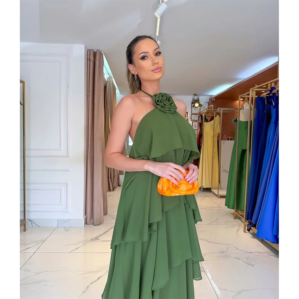 فستان حفلة موسيقية أنيق من الشيفون الأخضر مخصص على شكل زهرة رسن بدون أكمام على شكل حرف A فساتين سهرة طويلة بدون ظهر للحفلات