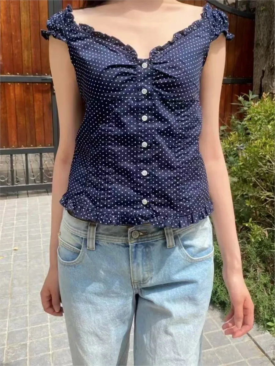 Vintage Navy Polka Dot Folds Blouse Top Women New Casual Single Breasted Ruffle Sleeveless Tank Tops Vest Preppy Style Camis Y2K