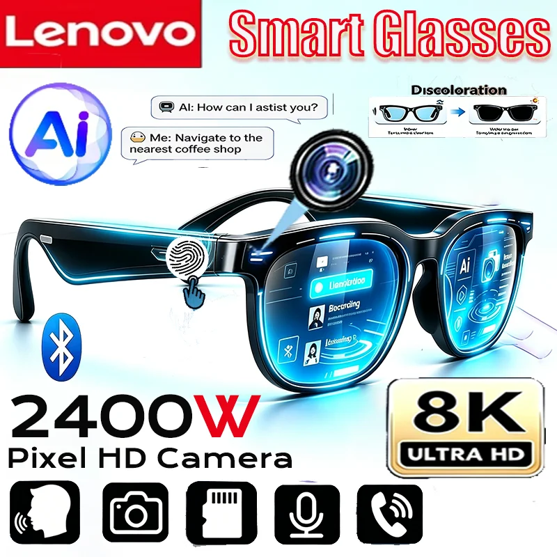 Lenovo NEW 8K 2400MP Smart Glasses AI Translation Bluetooth Conversation Recording Listening To Music Men Women Smart Sunglasses