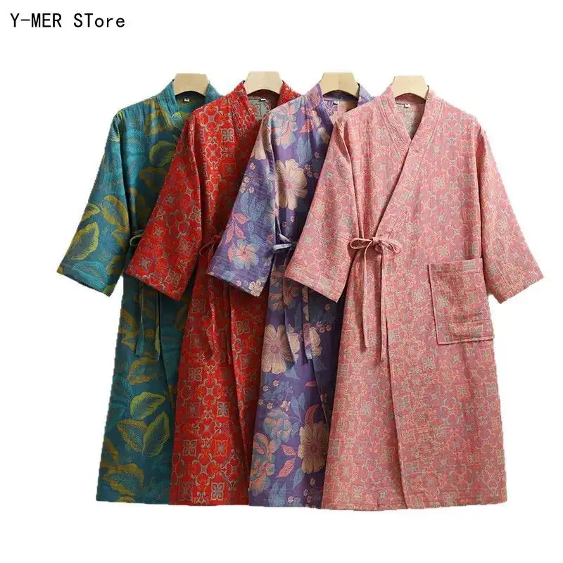 Spring Autumn Chinese Style Bathrobe Double Layer Gauze 100% Cotton Quick Dry Men Women Home Robe Loungewear Sleepwear 3