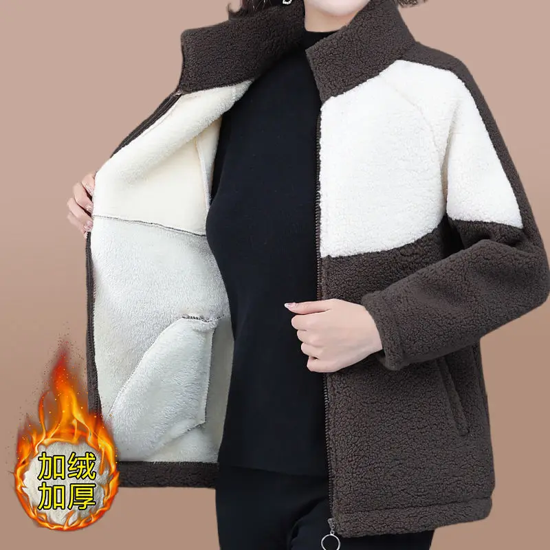 Grain Fleece Coat Women Plush Thick Warm Autumn Winter Jacket Ladies Loose Simple Fashion Splice Large Size Outewear Female 2717