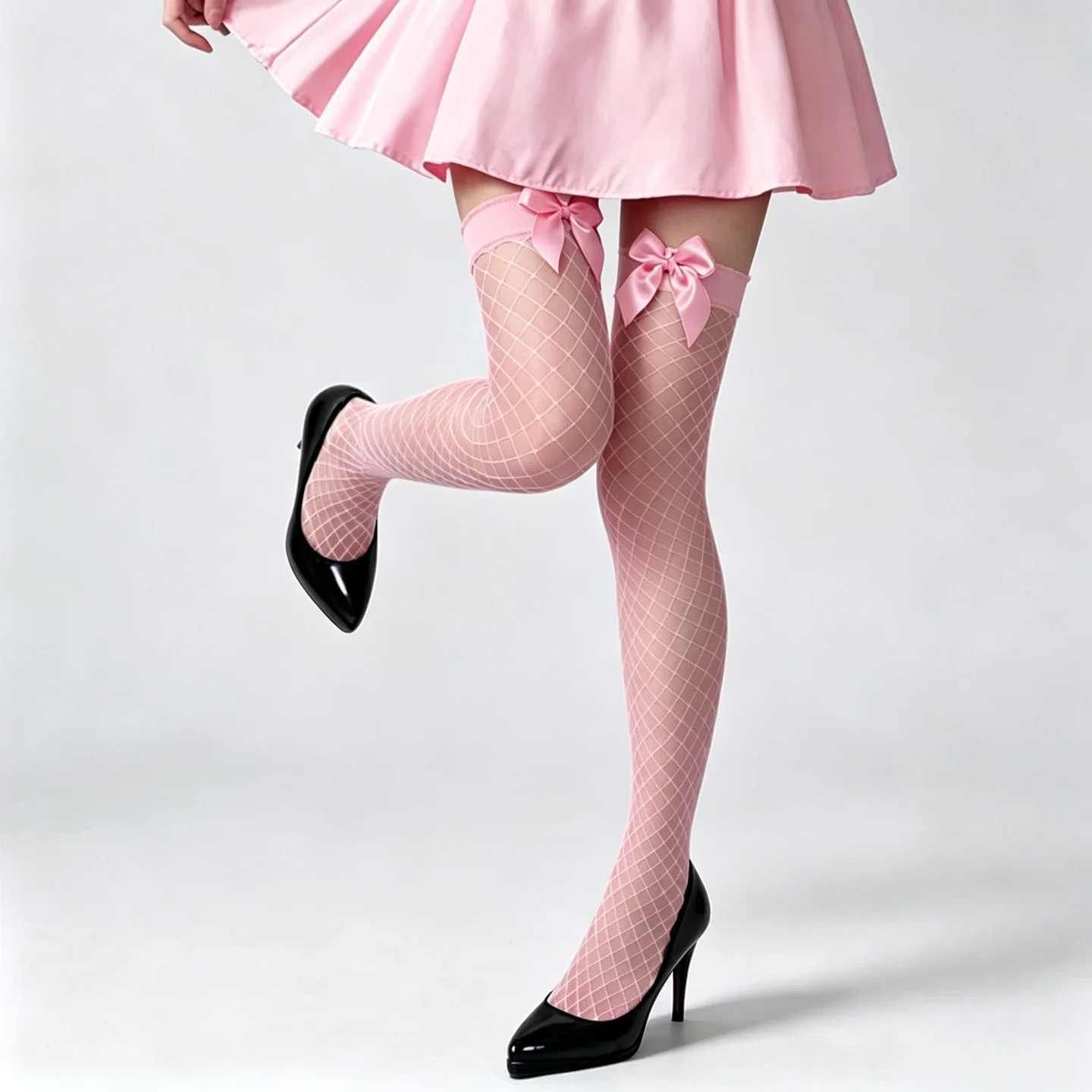 Women's Pink White Fishnet Thigh High Stockings with Satin Bow, Sexy Sheer Hosiery for Party & Nightclub Outfits