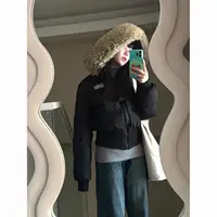 Korean Chic Slim Waist Short Parkas Y2k Harajuku Grunge Print Patchwork Fluffy Hooded Cotton Jacket Autumn Winter New Warm Top 4