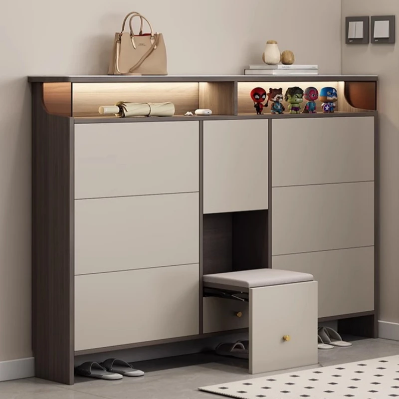 

Ultra thin flip bucket shoe cabinet Home entrance modern wall facing entrance integrated seating bench and shoe rack zapateros