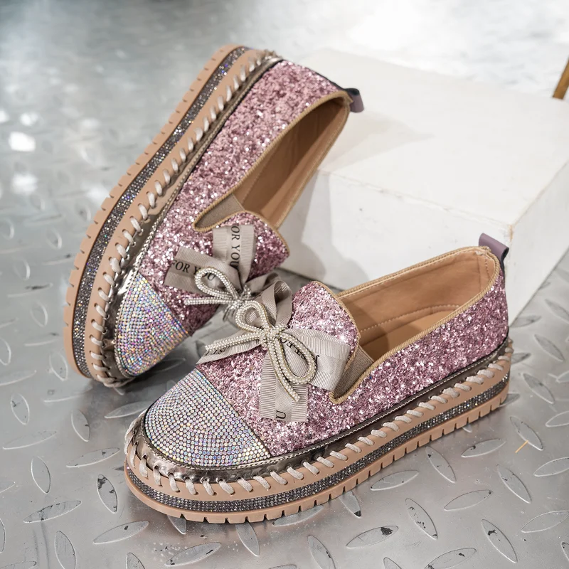

2026 New Shiny Rhinestone Loafers Women's Thick Soled Bow Muffin Bottom Cover Foot Single Shoe Fashionable and Casual Flat Shoes