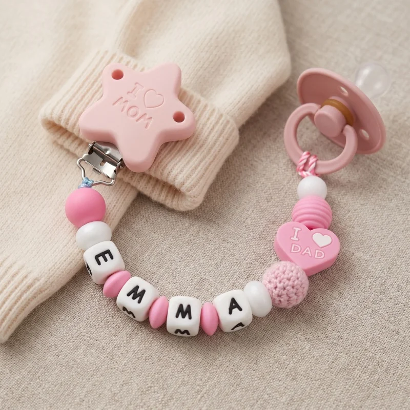 Personalized Baby Pacifier Clip Custom Name Dummy Chain Silicone Teether Holder BPA Free I Love Mom Newborn Shower Gift image 4