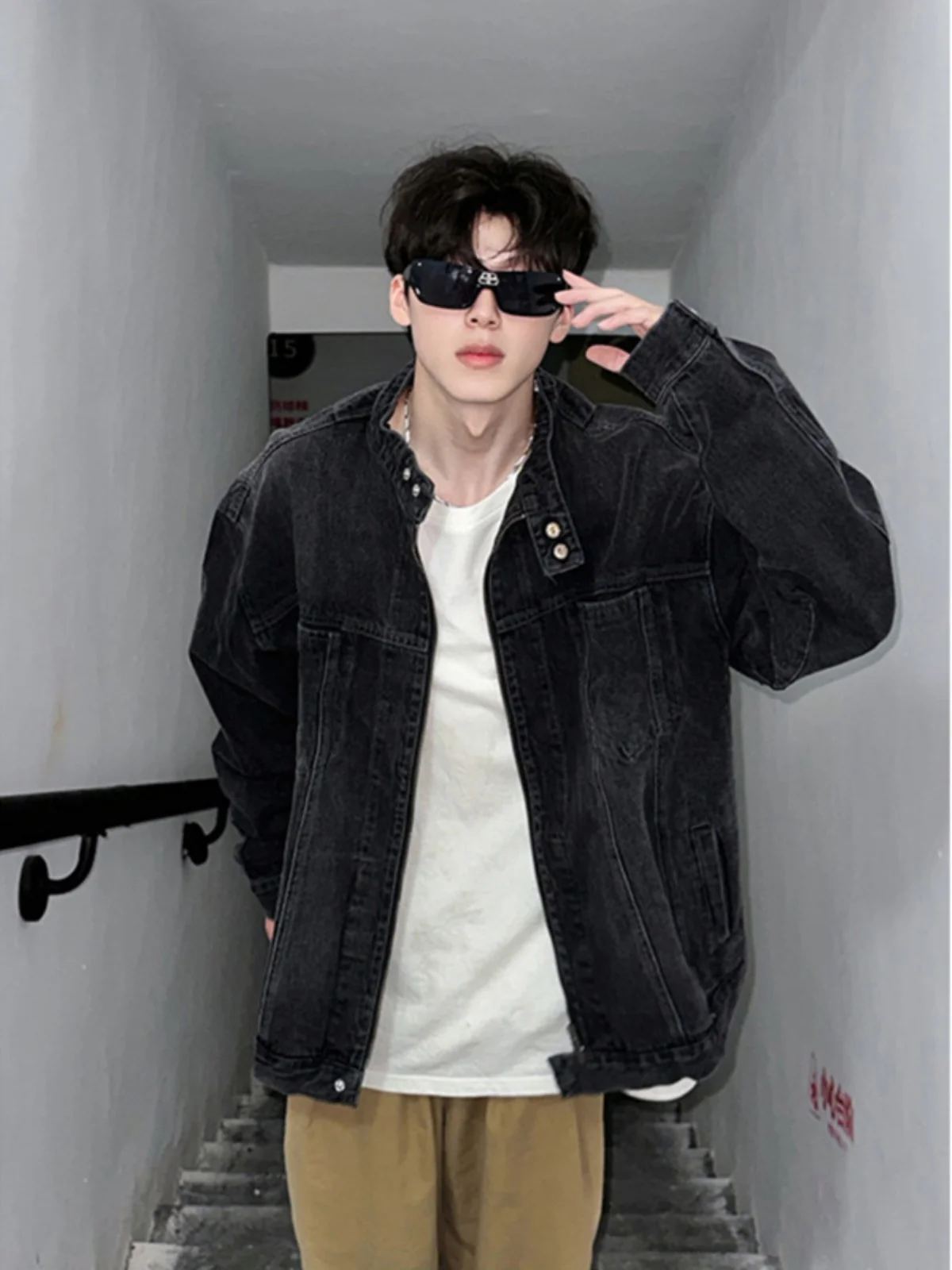 

Retro American Bla Denim Jaet Men's Spring Autumn High Street Stand Collar Workwear Jaet Youth Casual Long Sve Zipper