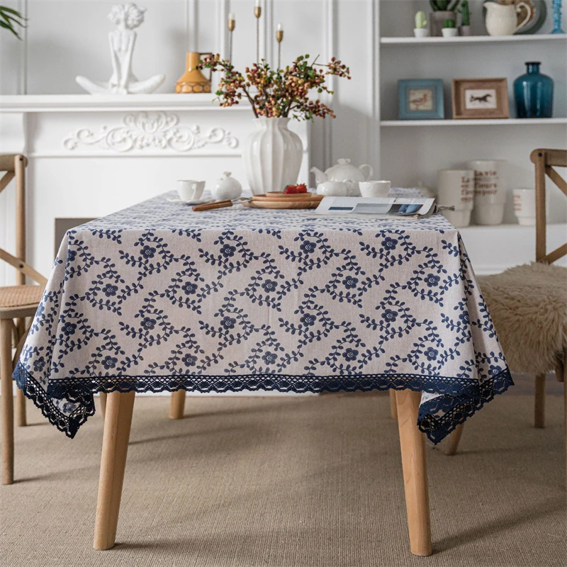 Rural Style Cotton Linen Printing Tablecloth Washable Rectangular Blue Rose Home Coffee Dining Table Fireplace Microwave Cover