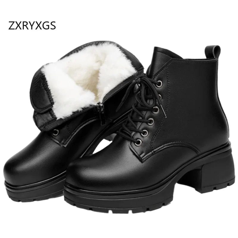 

ZXRYXGS 2025 Top Cowhide Winter Snow Boots Black Shoes Real Leather Warm Plush / Wool Boots Snow Shoes Non-slip Mid Heel Boots