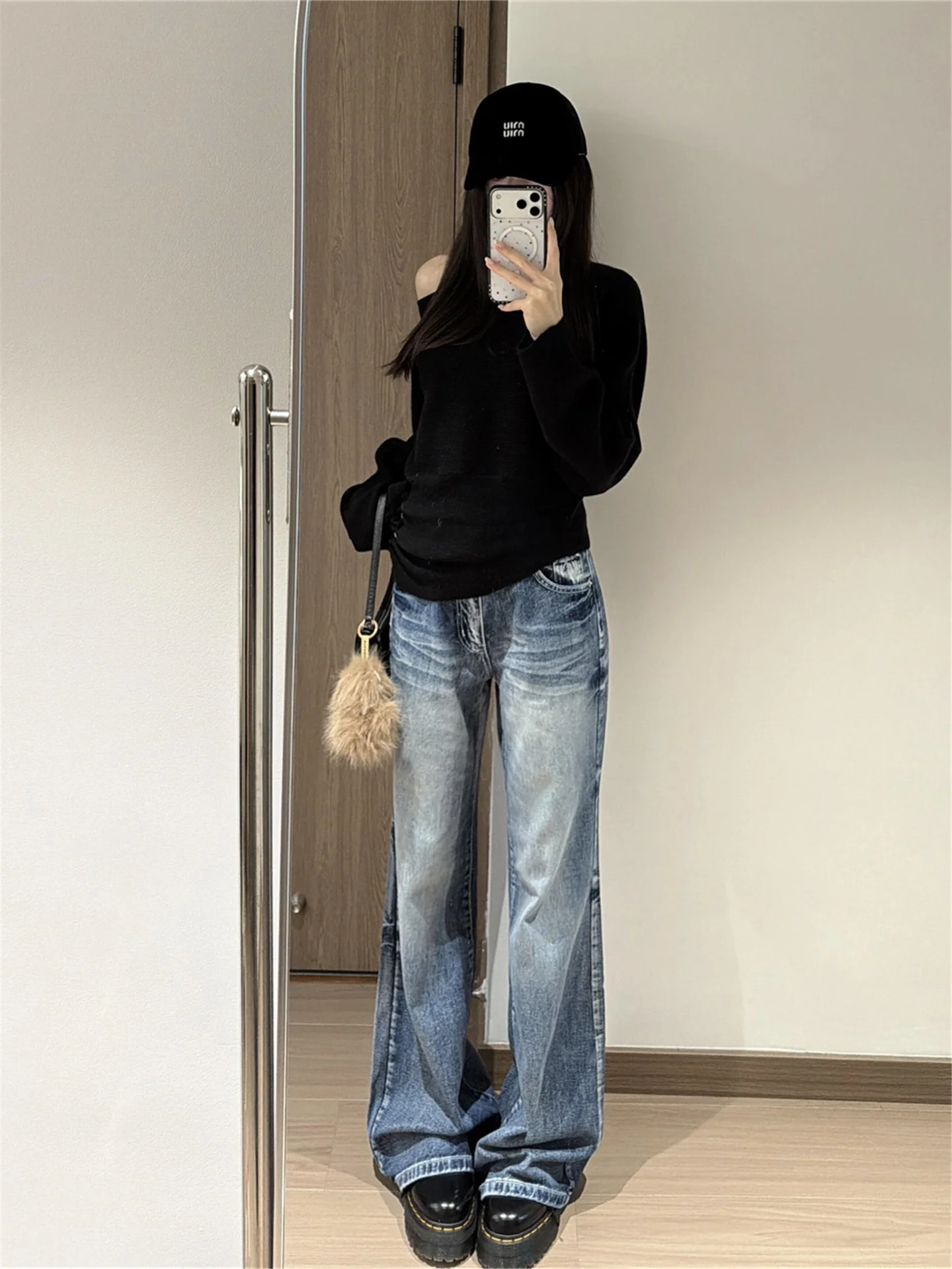 

American Vintage High Waist Wide Leg Jeans Women's Loose Draped Washed Outfit Spring Season Casual Cotton Low Waist Denim