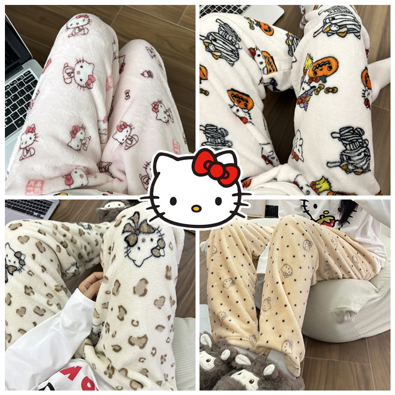 

Hello Kitty Pajama Pants Cartoon Winter Women Warm Trousers Coral Fleece Pajama Pants Thickened Casual Elastic Waist Home Pants
