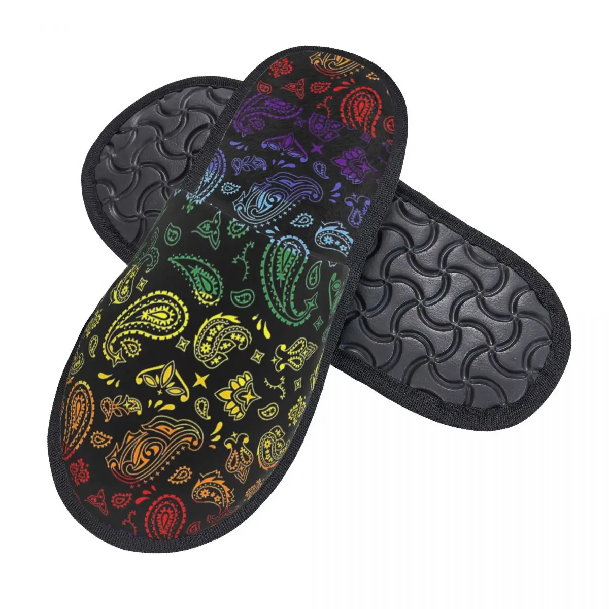 Pantofole da donna con stampa personalizzata arcobaleno su paisley nero, comode e calde pantofole morbide in memory foam, scarpe da esterno per interni