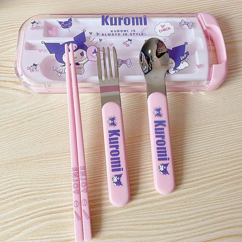 

Kawaii Sanrio Cinnamoroll Hello Kitty My Melody Kuromi Artoon Children Tableware Set Box Student Stainless Steel Set Fork Spoon