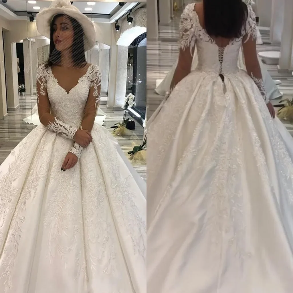 Customized Well Design V Neck Lace Appliques Wedding Dresses Sweep Train Satin Ballgown Backless Corset Back Vestidos De Novia