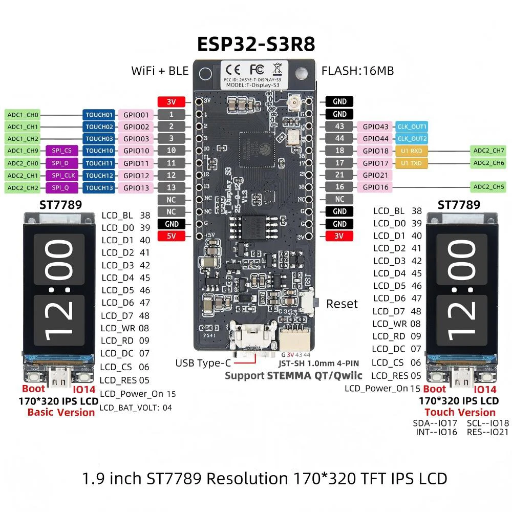 ESP32-S3R8 Development Board 1.9 Inch IPS LCD Display WiFi BT 5.0 Wireless Module 170*320 260PPI ST7789V 16MB Flash Screen Board