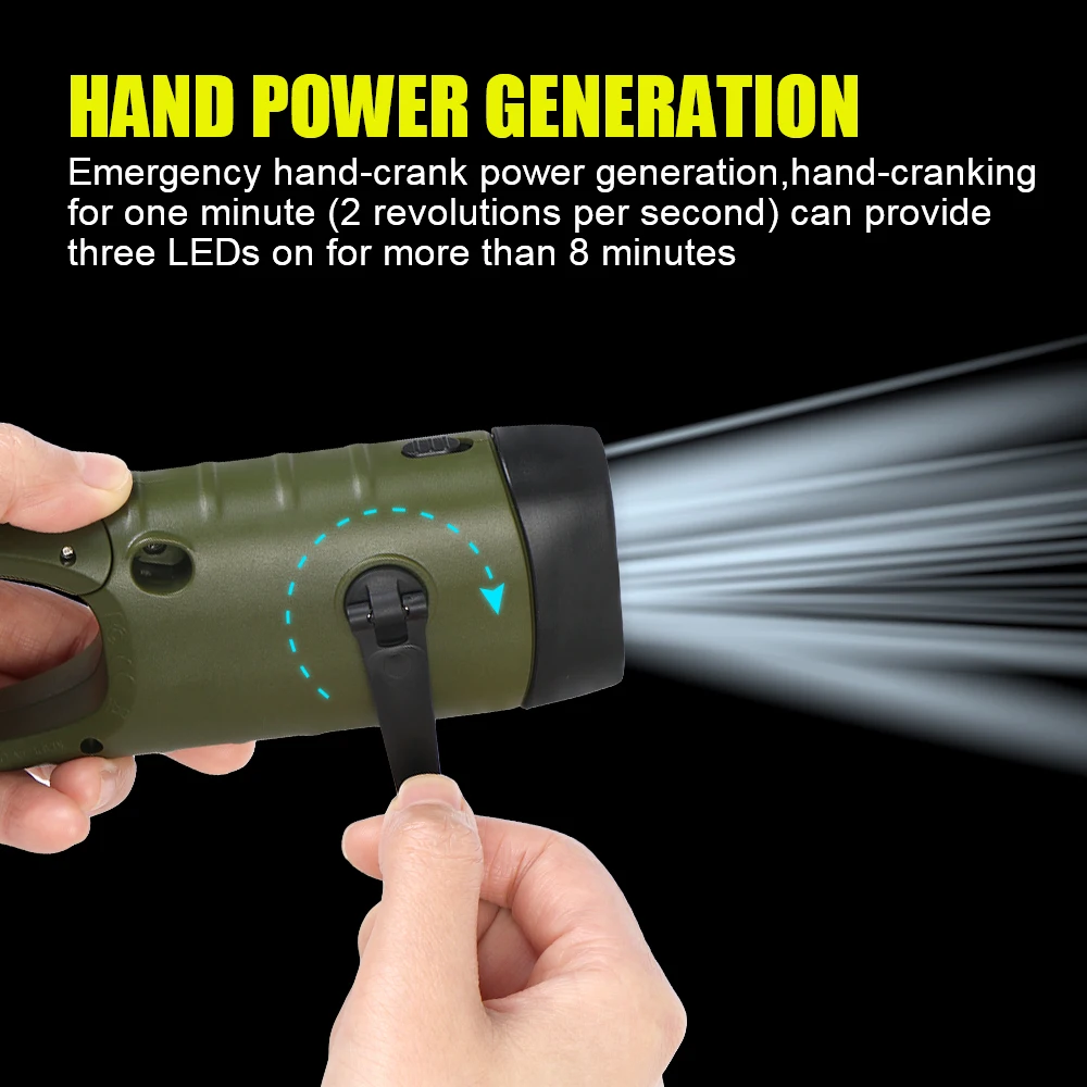 Power Bank Emergency Hand Crank Dynamo Solar Flashlight Rechargeable Survival Gear LED Flashlight For Fishing Boating Hiking