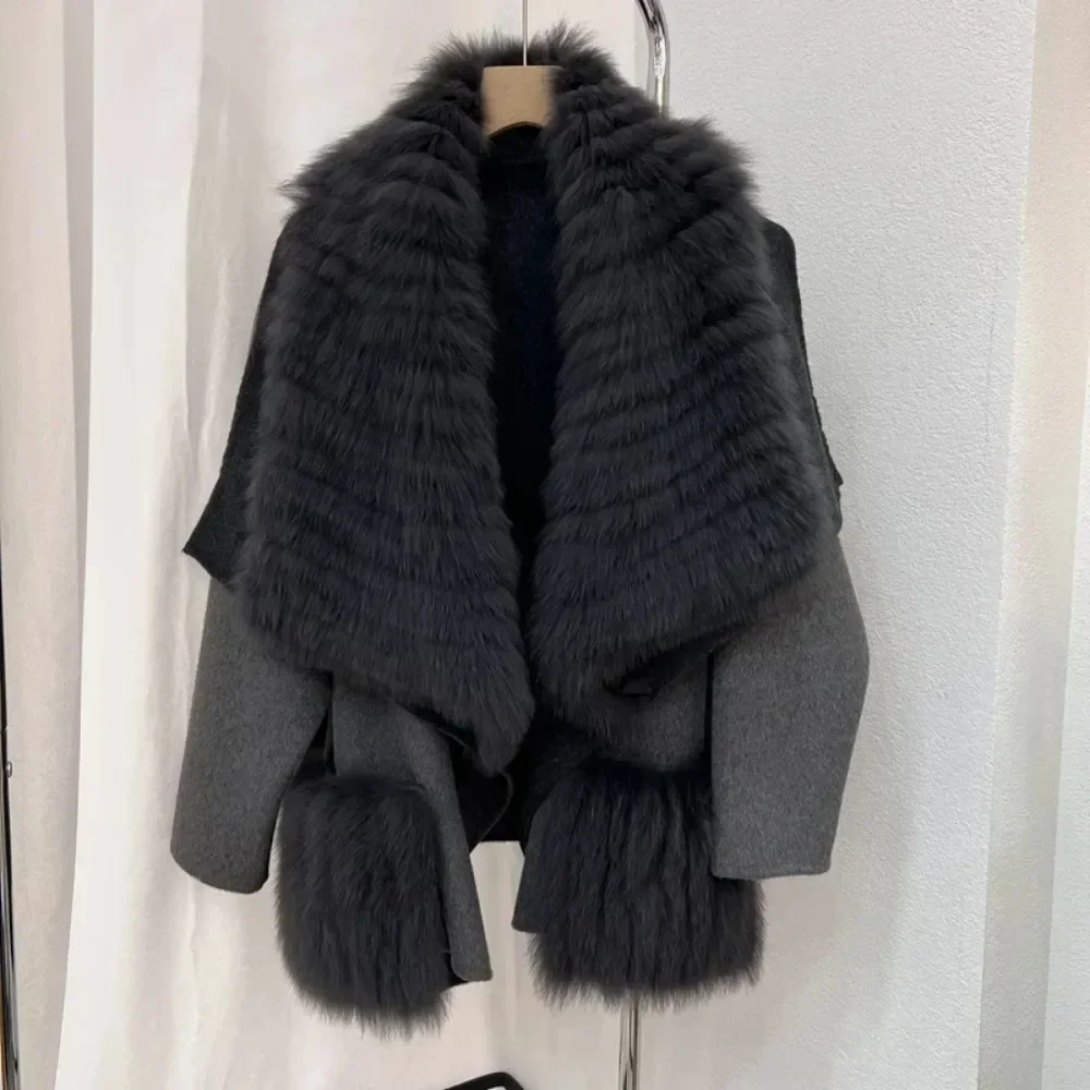 Elegant Woolen Coat Female Real Fox Fur Jacket 2025 New Autumn Winter Warm Natural Fur Woolen Jacket Over Size Outerwear Women