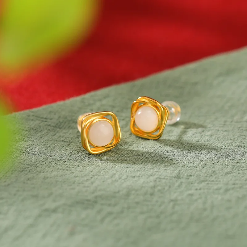 S925 Silver Natural Hetian White Jade Geometric Earrings