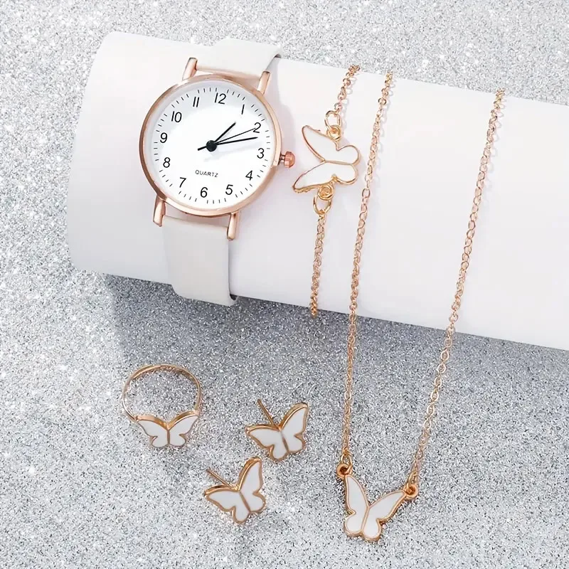 6pcs/set Elegant Ladies' Digital Watch+butterfly Bracelet, Necklace, Earrings, Ring Set (no Box)