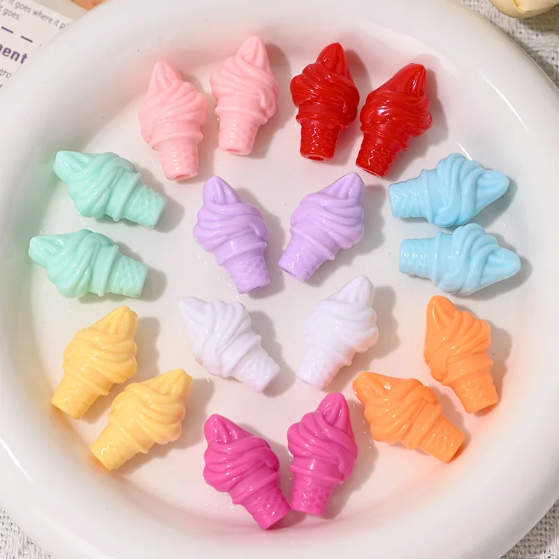 10Pcs Candy Color Ice Cream Cone Straight Hole Loose Beads DIY Beading Supplies for Keychain PhoneChainJewelryMaking Accessories
