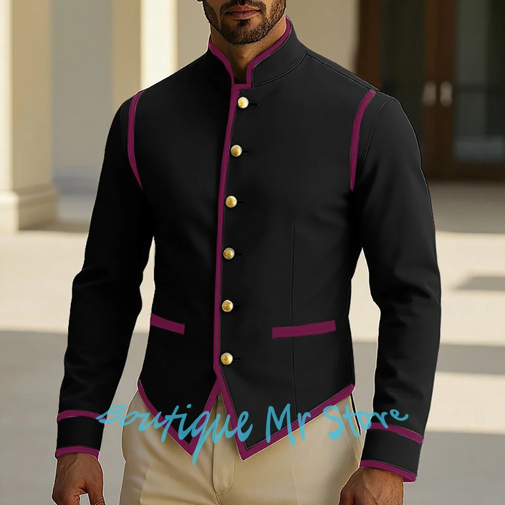 

Vintage Man Black Jacket with Magenta Piping Elegant Single Breasted Blazer+Pants 2Piece Suit Set Fashion Formal Wedding Costume