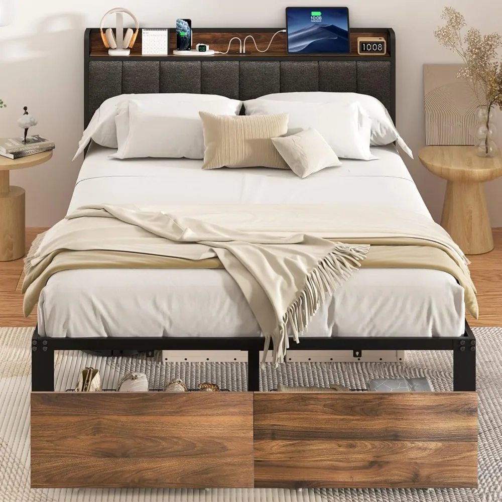 

Кровать с ящиками для хранения, изголовьем с зарядной станцией и тканевой обивкой, с розеткой, усиленная. На заказ.