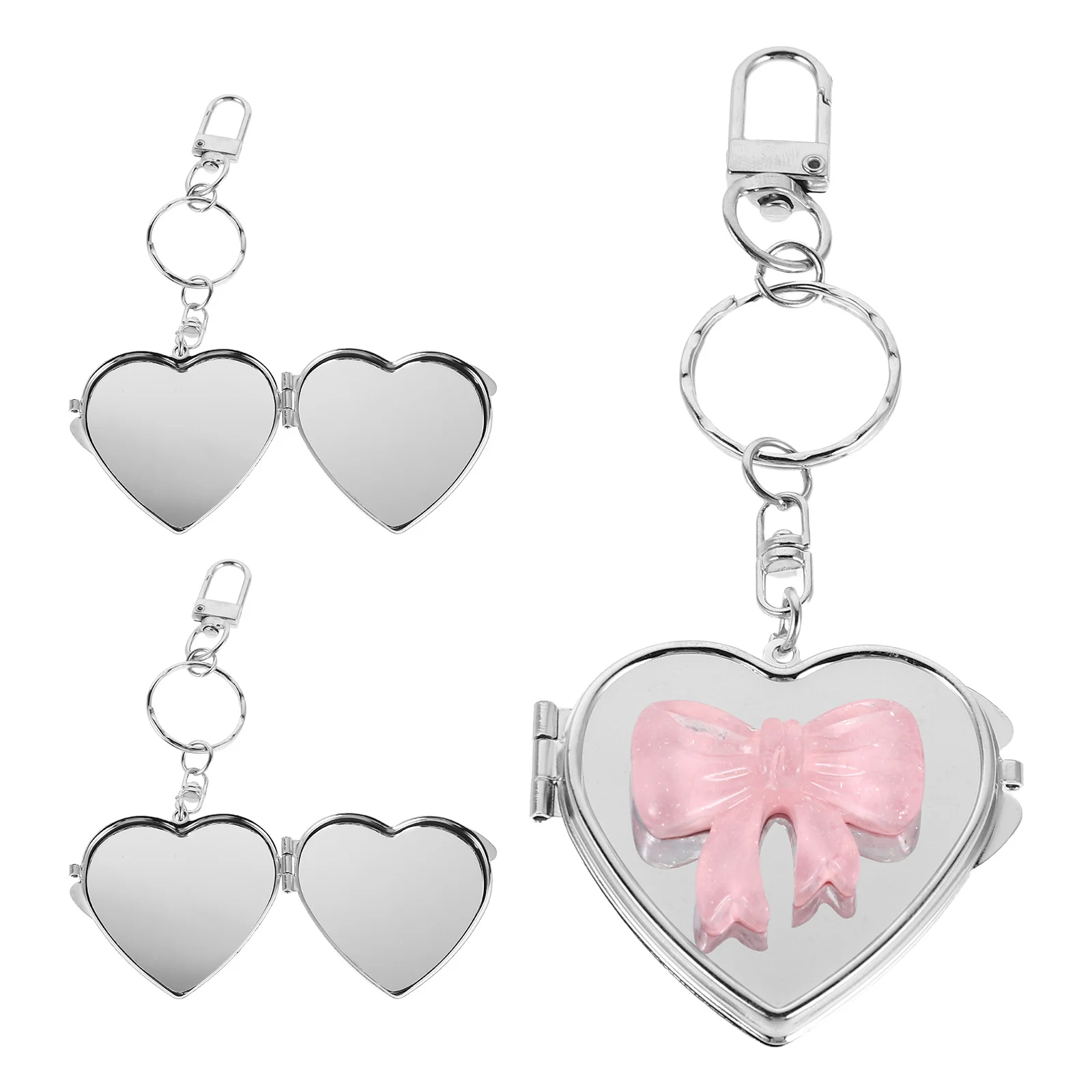 3개 세트 하트 모양 거울 키체인 우아한 리본 콤팩트 메이크업 거울 휴대용 여행용 화장 거울 장식 키체인
