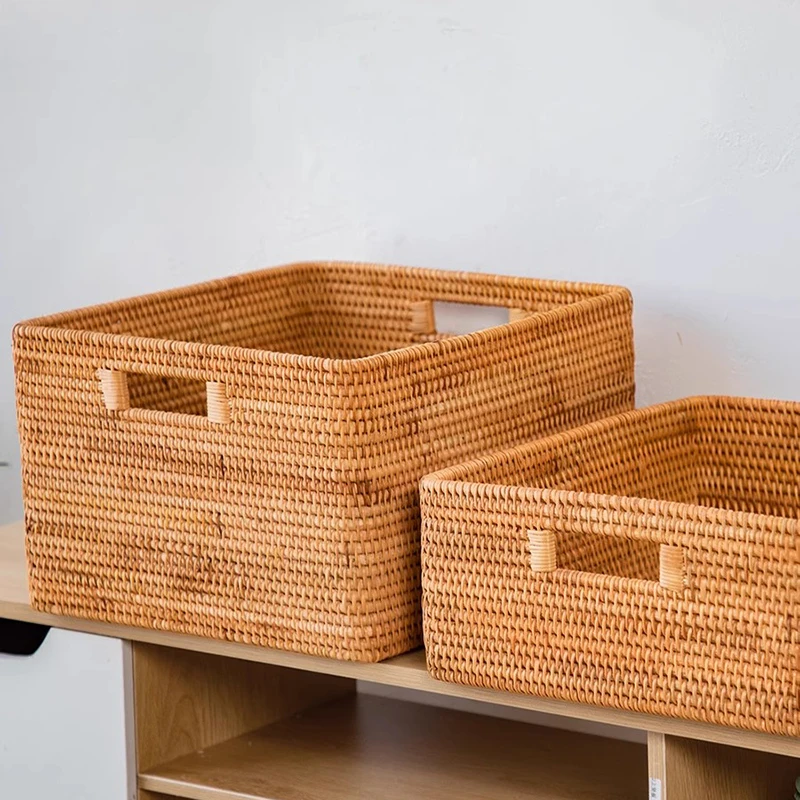 Hand-woven Rattan Wicker Basket, Fruit Tea Snack Bread Basket, Cosmetic Rectangular Storage Box, Household Kitchen Supplies