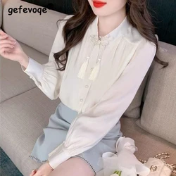 Women Chinese Style Vintage Beaded Tassels Button Up Shirt Elegant Stand Collar White Blouse Casual Long Sleeve Chic Tops Blusas