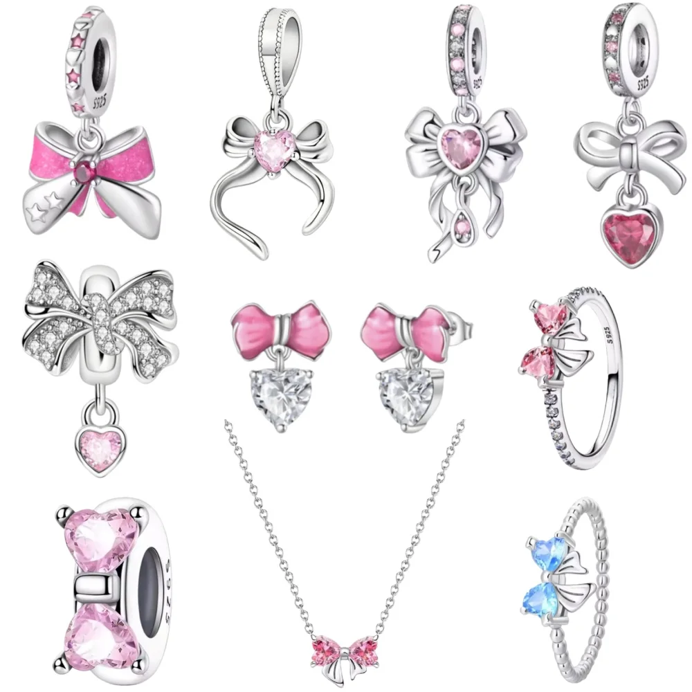 925 Silver,Pink Bow Pendant Beads Earrings Necklace Ring Pendant Suitable for European Original Bracelet DIY Exquisite Jewelry
