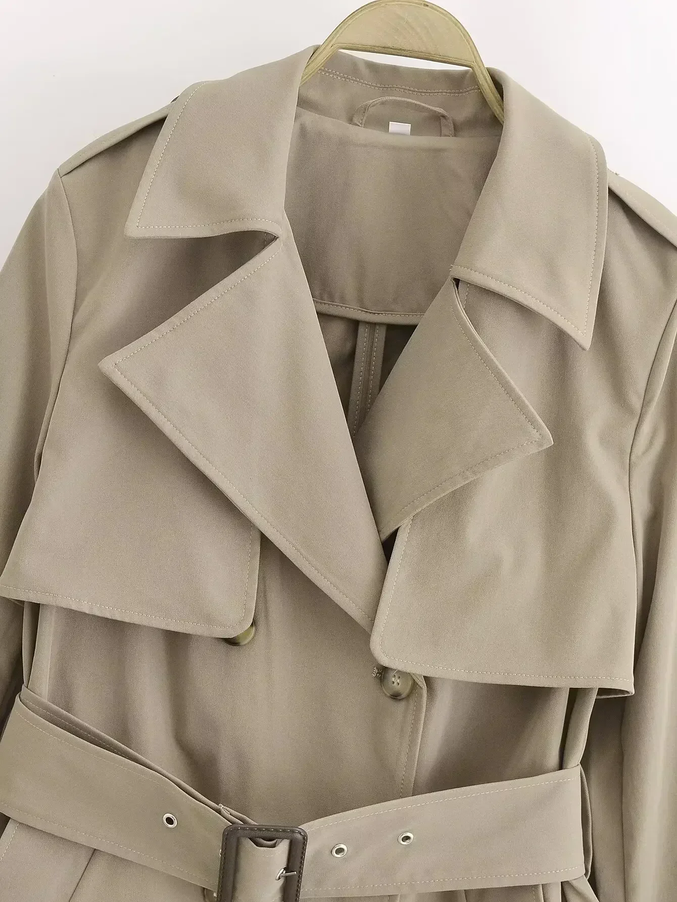 Trench-coat court à double boutonnage pour femme avec ceinture, manches longues, poche latérale, rétro, décontracté, nouvelle mode, 2024