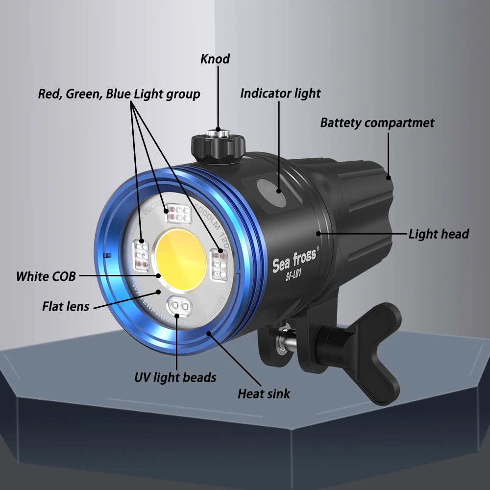 Seafrogs 100m/330ft Professional Wateproof Diving Flashlight LED Photography Video Light Red Green Blue UV Light Diving Torch