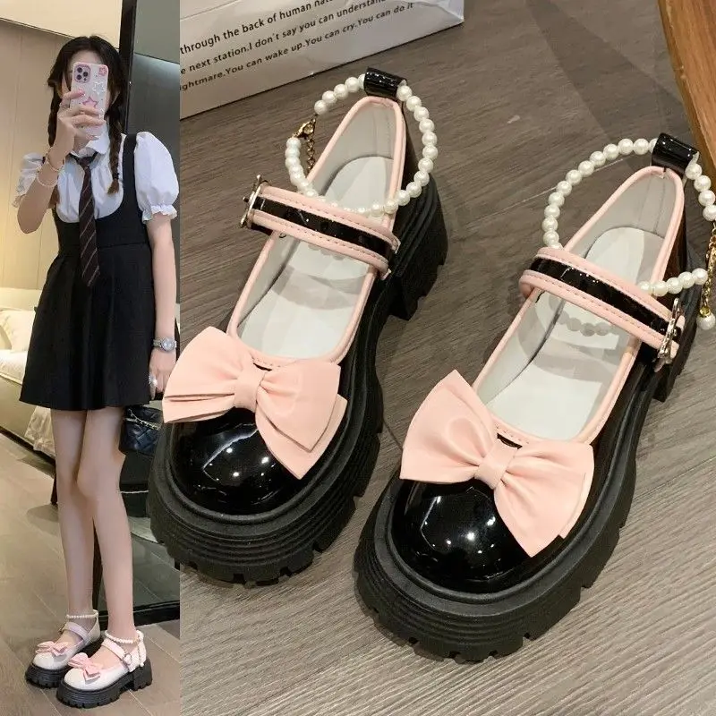 SHANPA Cute Sweet Little Leather Shoes Pink Bow Tie Versatile Mary Jane Shoes Ladies Pearl Foot Ring Comfortable Platform Shoes