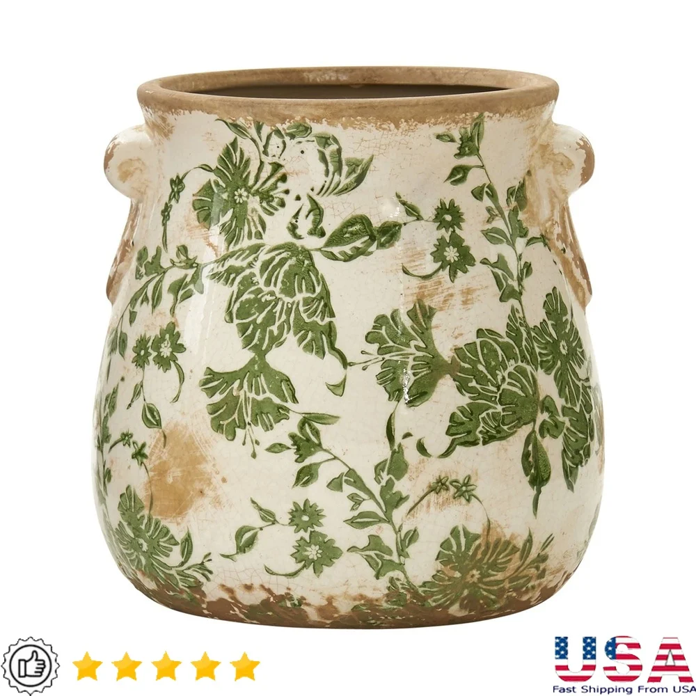 

Tuscan Ceramic Planter Floral Print Indoor Use Decorative Home Décor Green Scroll Vintage Style Flower Container 6.5 Inch