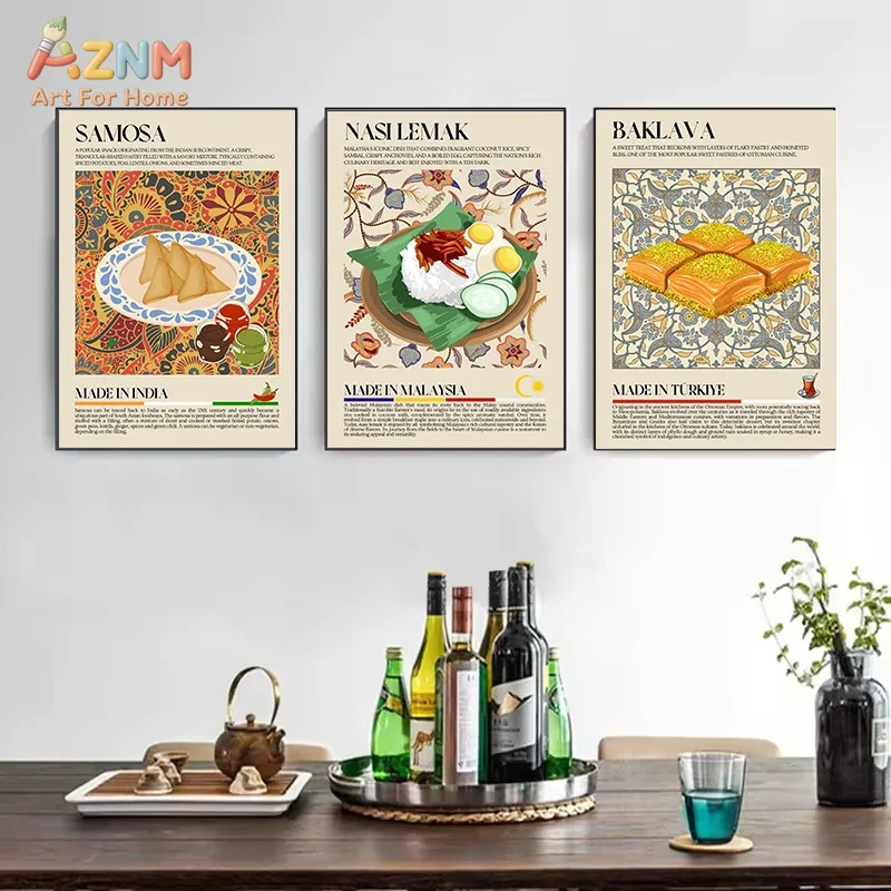 AZNM Global Traditional Food Drink Canvas Wall Art Masala Chai Turkish Coffee Vintage Tile Illustration Poster Kitchen Unframed